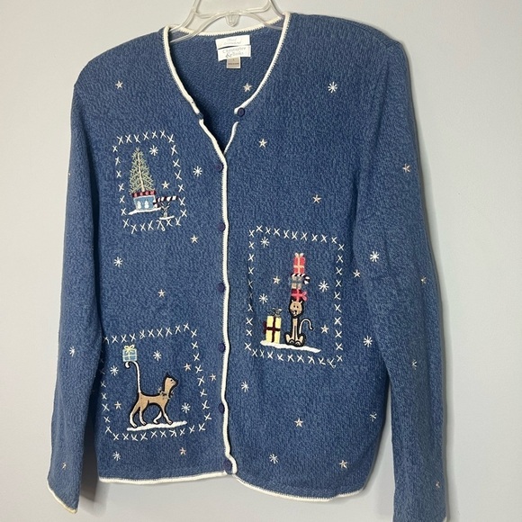 Christopher & Banks Cat Christmas Hand Embroidered Knit Winter Cardigan Large - Picture 2 of 8